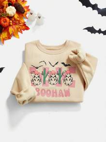 SHEIN Unity Halloween Denim Style Funny Pattern Women Sweatshirt Pullover Fall Sweatshirt - Apricot - View 4