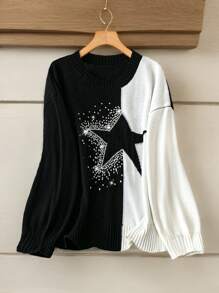 SHEIN Clasi Plus Size Women's Colorblock Sequin Detail Star Pattern Crew Neck Long Sleeve Sweater Knit Pullover Fall Winter - Multicolor - View 4