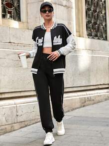 SHEIN Tall 100% Cotton Letter Graphic Drop Shoulder Bomber Jacket & Drawstring Waist Sweatpants - Black and White - View 4