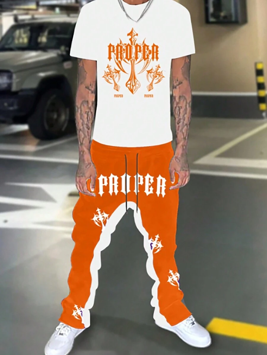 Manfinity Roghcode Bộ quần áo thun cổ tròn tay ngắn in họa tiết đơn giản dành cho nam - Nhiều màu - Xem 1