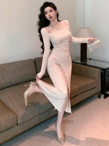 DAZY Vestido de mujer de unicolor con cuello cuadrado, manga larga y ajuste ceñido, vestido casual, de fiesta de cumpleaños, ropa de otoño, vestidos elegantes para mujer, vestido largo - Beis - Ver 4