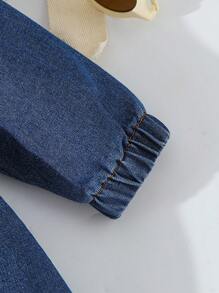 SHEIN Vintaside Kids 女宝宝休闲花卉圆领宽松牛仔连衣裙 - 中等水洗藍 - 查看 4