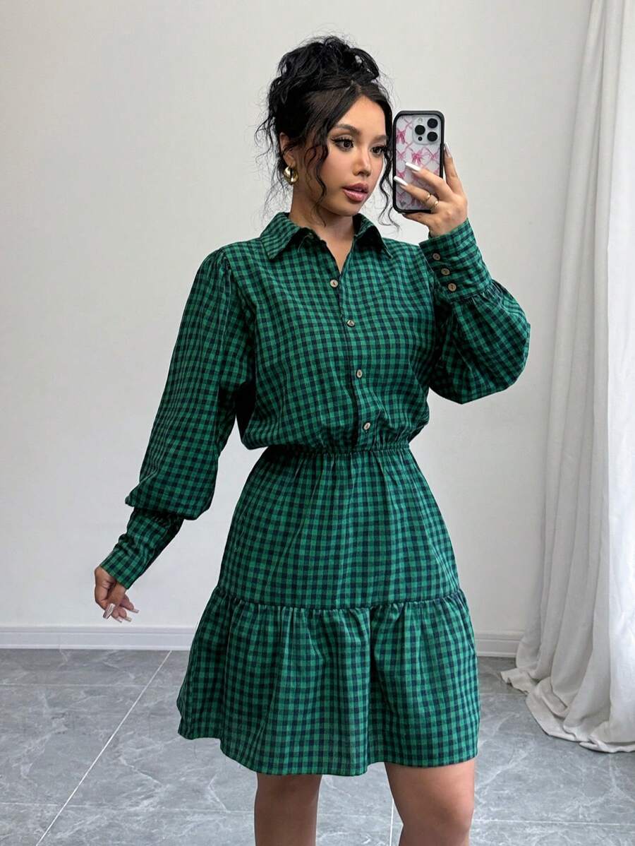 Chiquease Button Front Long Sleeve Collared Collegiate Pattern A-Line Waist Shirtdress - Green - View 1