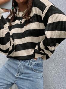 SoleilVie 女士撞色条纹圆领长袖毛衣，长袖上衣，针织套头衫，秋冬款 - 彩色 - 查看 3