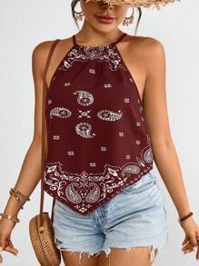 SHEIN VCAY 女士度假梭织印花吊带背心 - 酒紅色 - 查看 1