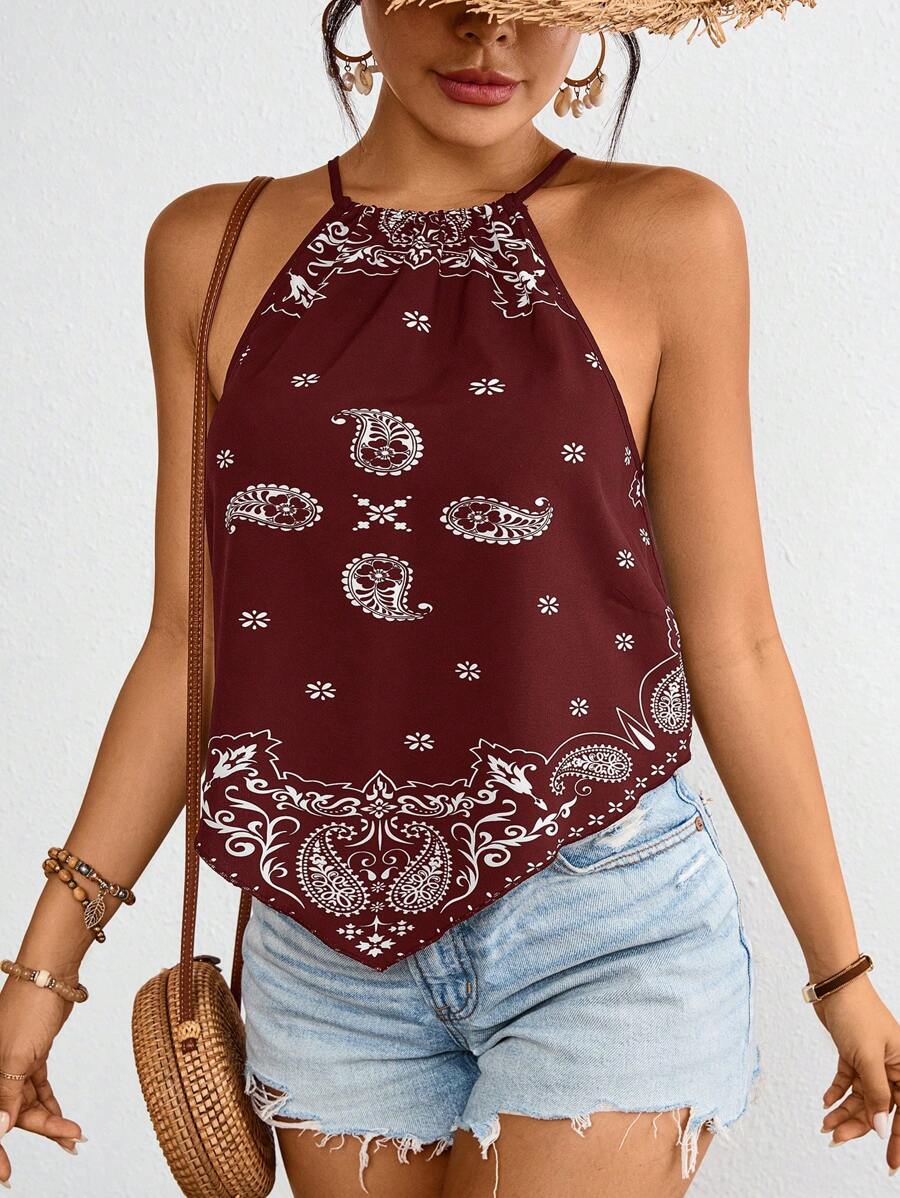 SHEIN VCAY 女士度假梭织印花吊带背心 - 酒紅色 - 查看 1