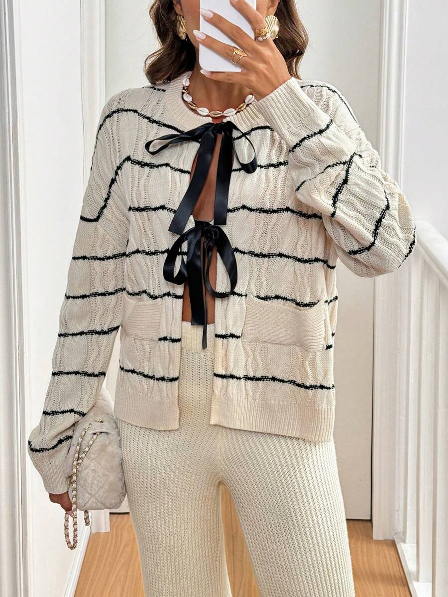 SHEIN Frenchy 女士撞色系带蝴蝶结条纹纹理休闲优雅开衫 - 彩色 - 查看 1