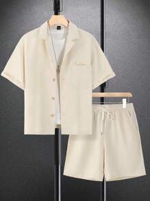 Manfinity Hypemode Solid Color Button Front Pocket Short Sleeve Shirt And Drawstring Waist Pocket Shorts Casual 2pcs Outfit