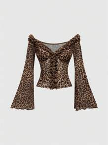 ROMWE Hippie Vintage Off-Shoulder Flare Sleeve Ruffled Leopard Print Sheer Top For Women - Hot Pink - View 1