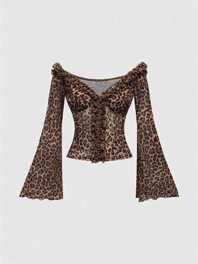Hippie Vintage Off-Shoulder Flare Sleeve Ruffled Leopard Print Sheer Top For Women