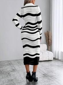 SHEIN LUNE Striped Turndown Collar Sweater Dress For Women - Multicolor - View 2