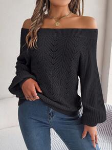 Áo len tay phồng khoét rỗng màu trơn, vai rớt, thích hợp mùa thu đông, áo dài tay màu đen thường ngày, mùa xuân. - màu đen - Xem 6