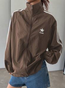 DAZY 女士新款休闲撞色条纹常规夹克，秋季 - 咖啡棕 - 查看 4