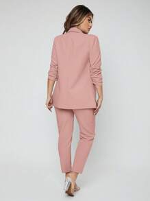 SHEIN SXY Conjunto de chaqueta y pantalón casual de talla grande para mujer, estilo liso con pliegues y manga 3/4, para uso en primavera y verano en la oficina - Rosa vieja - Ver 2