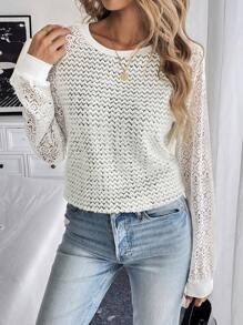 Chiquease Women Hollow Out Splicing Long Sleeve Pullover Sweatshirt For Indoor & Outdoor, Autumn - Apricot - View 8