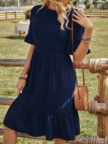 EMERY ROSE Women Plain Simple Round Neck Short Sleeve Casual Dress - Navy Blue - View 3