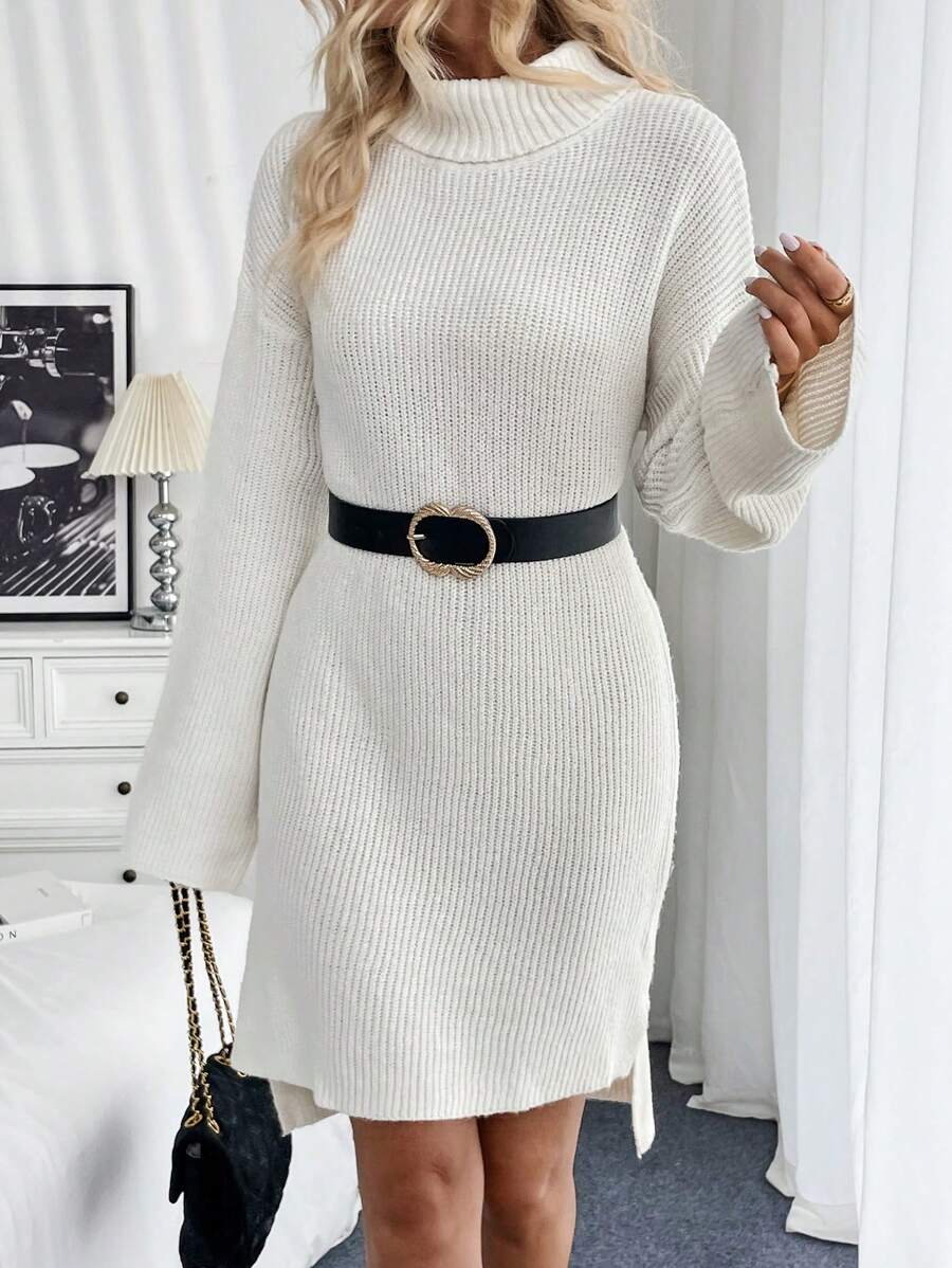 Chiquease Women's Solid Color Simple Everyday Round Neck Long Sleeve Sweater Dress - White - View 1