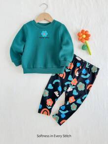 Cozy Pixies 2 件装女婴花卉图案针织柔软圆领长袖运动衫和紧身裤套装