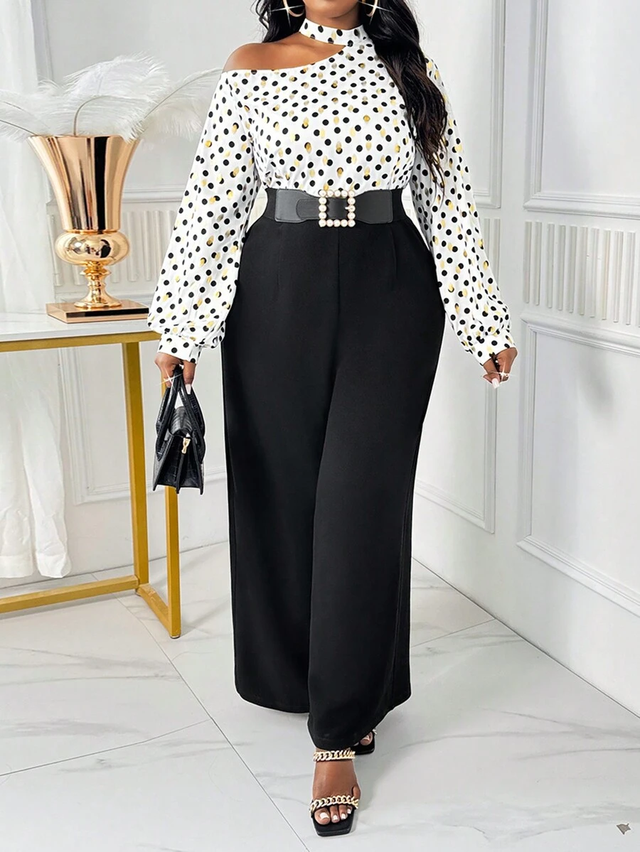 SHEIN Lady Bộ đồ liền thân dài thẳng cổ tròn chấm bi đen thanh lịch mùa thu đông trễ vai - Đen và trắng - Xem 1