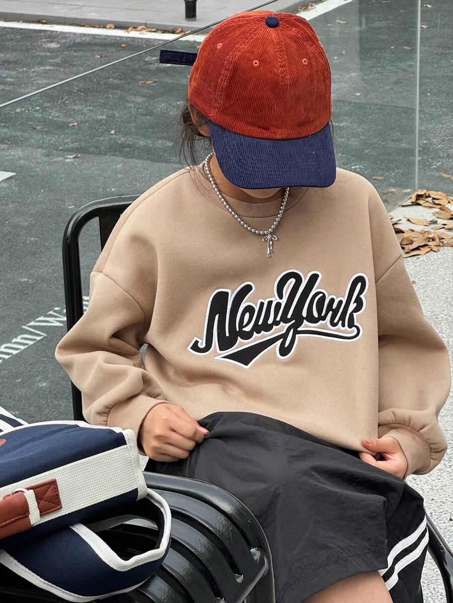 DAZY Tween Girl Letter Embroidered Fleece Sweatshirt, Fall,Back To School Clothes - Khaki - View 1