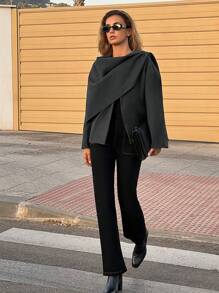 SHEIN Privé Plus Size Solid Color Wrap-Around Slit Elegant Long Sleeve Coat, For Winter - Grey - View 3