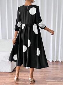 SHEIN Unity Women's Polka Dot Allover Print Round Neck Mid-Sleeve Ruched Casual Beach Dress - Multicolor - View 2