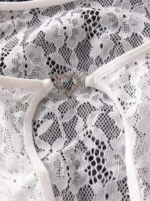 Women Sexy White Lace Cut Out Long Sleeve Lingerie Bodysuit Bridal Look, - White - View 7