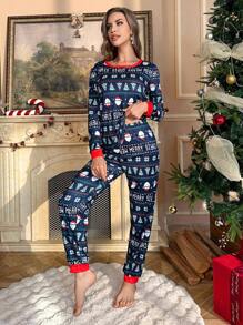 Bộ đồ ngủ dài tay in chữ Giáng sinh hoạt hình, Quần áo nữ - Xanh đậm - Xem 3