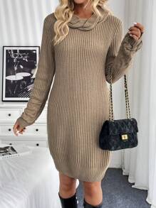 Chiquease Langarm Strickkleid mit Schlaufenkragen, figurbetontes Strick Kleid, lässiger Herbst/Winter-Stil