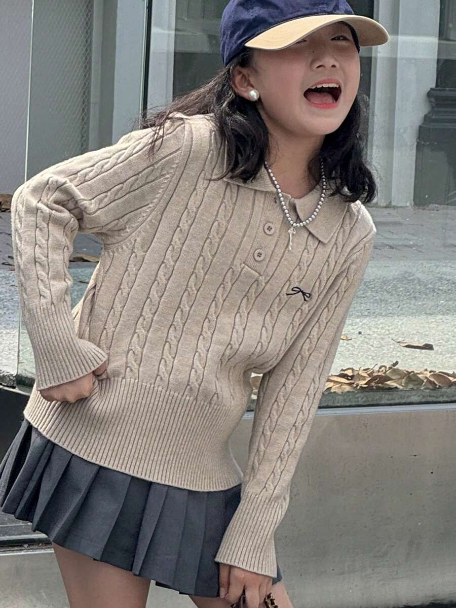 Dazy Kids Tween Girl Bow Decor Polo Neck Long Sleeve Casual Sweater, Autumn/Winter