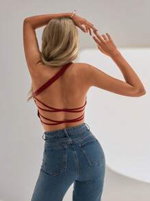 Aloruh Women Asymmetric Red PU Leather Backless Blouse - Red - View 5