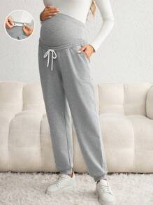 SHEIN Pantalones de maternidad de unicolor con cordón simple - Gris - Ver 1