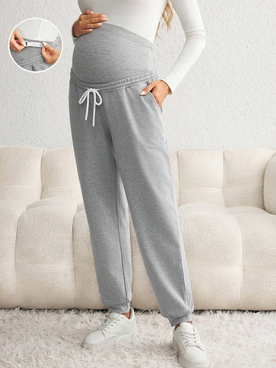 SHEIN Quần bà bầu màu trơn đơn giản có dây rút - Xám - Xem 1