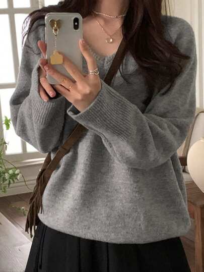 DAZY 女式纯色 V 领长袖套头衫、长袖上衣、秋装