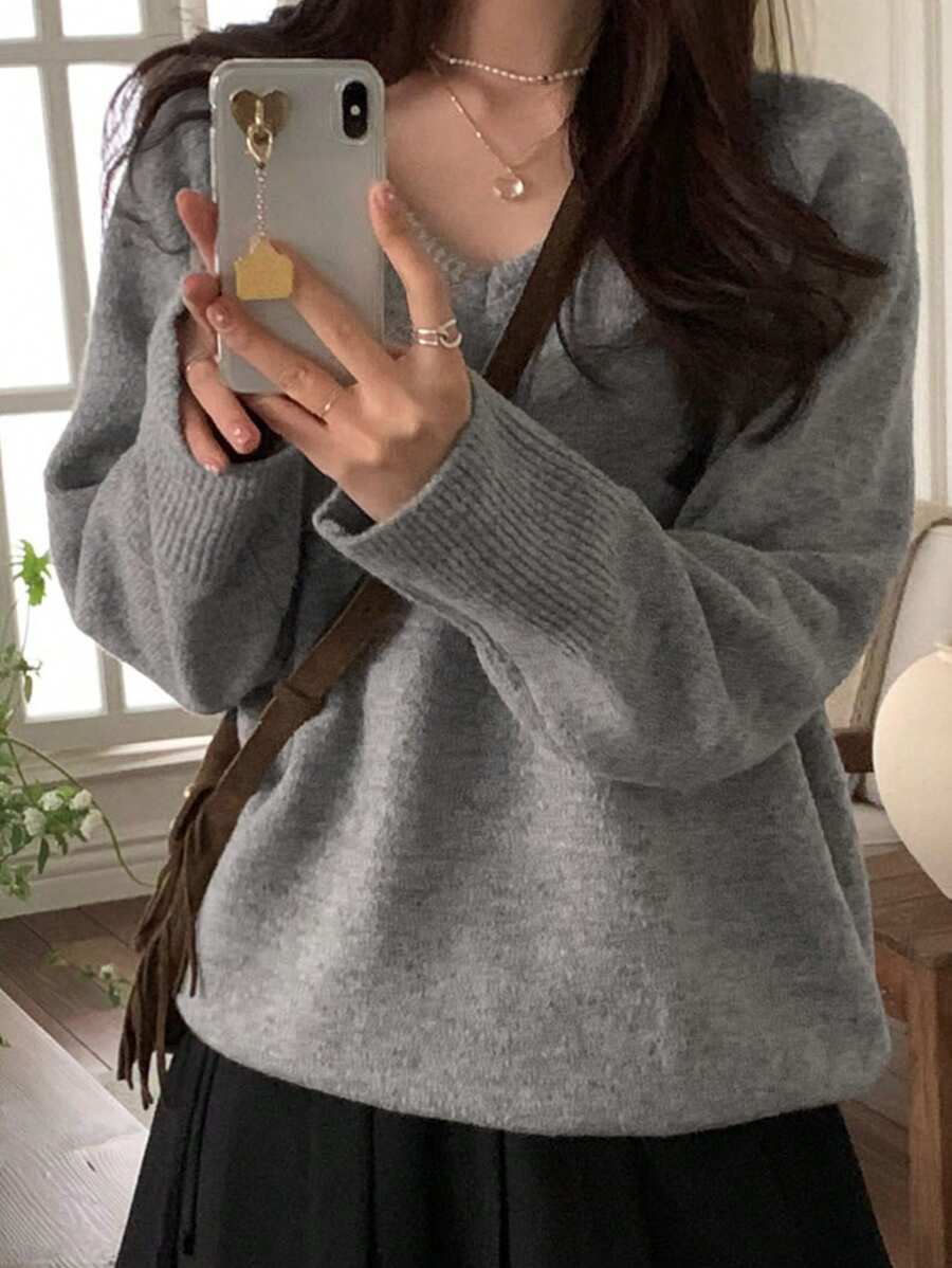 DAZY 女式纯色 V 领长袖套头衫、长袖上衣、秋装