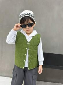 SHEIN 1pc Young Boy Casual Plaid Padded Vest, Suitable For Daily, School, Outdoor Play In Autumn & Winter - Army Green - View 3