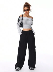 SHEIN Coolane Pantalones negros de cargo de moda urbana para mujer - Negro - Ver 4