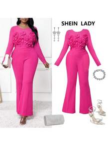 SHEIN Lady Đầm liền quần xòe bó sát in họa tiết hoa 3D cỡ lớn cho nữ màu hồng Váy dự tiệc cưới mùa thu - Màu Hồng Tươi - Xem 1