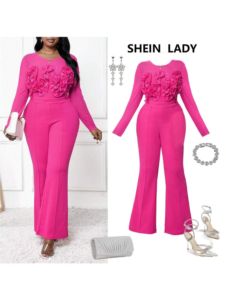 SHEIN Lady Đầm liền quần xòe bó sát in họa tiết hoa 3D cỡ lớn cho nữ màu hồng Váy dự tiệc cưới mùa thu - Màu Hồng Tươi - Xem 1