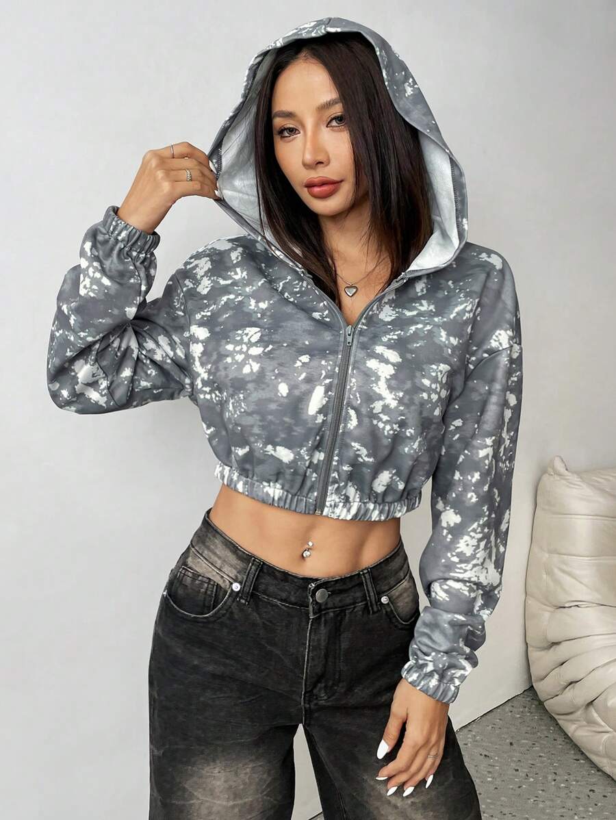 Flirla Áo hoodie tay dài dáng ngắn, khóa kéo phía trước, kiểu dáng thường ngày, thích hợp mặc vào mùa thu. - Nhiều màu - Xem 1