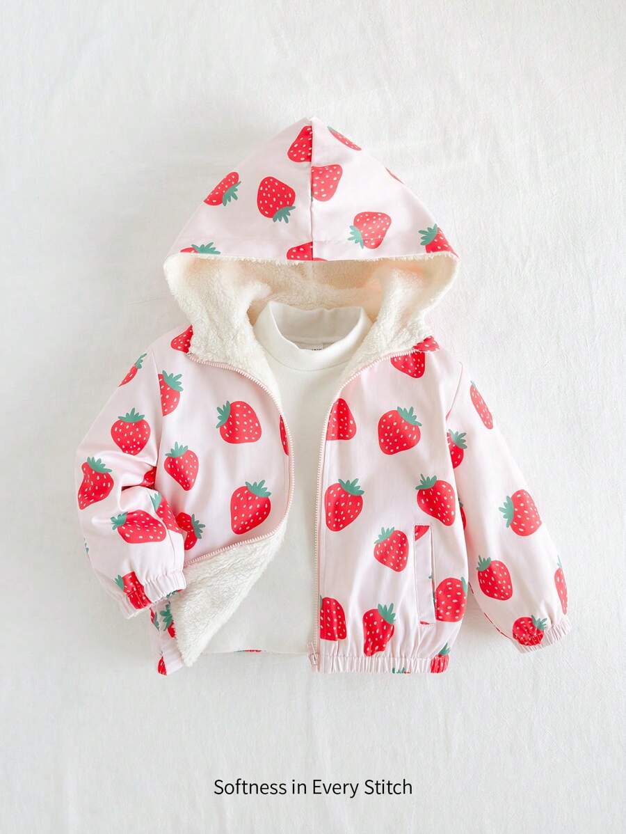 Cozy Pixies Young Girls Casual Versatile Strawberry Pattern Hooded Thermal Lined Thick Zip-Up Jacket - Multicolor - View 1