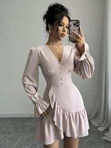 Chiquease Váy dệt có tay chuông - Bụi hồng - Xem 5