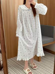 DAZY Ditsy Floral Ruffle Collar Sweet Nightgown Pajama, Moo Moo, Fall, Winter - White - View 6