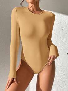 SHEIN PETITE 纯色修身春季女式紧身衣 - 卡其色 - 查看 1