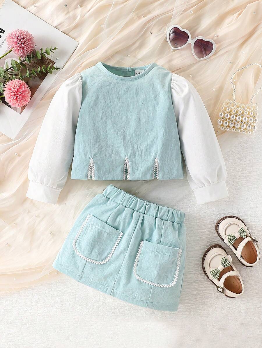 2pcs Baby Girl Elegant Floral Contrast Color Puff Sleeve Top With Ruffle Hem Skirt Set, Fall/Winter - Blue - View 1