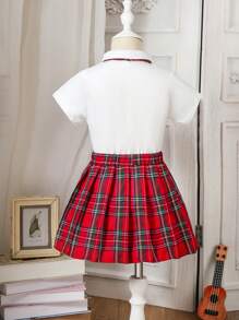 SHEIN 2 piezas Conjunto informal de niña con blusa y falda a cuadros, temporada de vuelta al colegio - Rojo - Ver 2