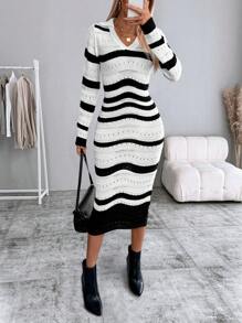 SHEIN LUNE Striped Turndown Collar Sweater Dress For Women - Multicolor - View 5