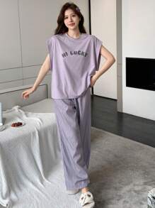 DAZY 2 件套简约字母印花无袖上衣和条纹睡裤家居服套装 - 紫色 - 查看 3