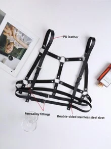 Women Solid Color Sexy Hollow Decorative Body Chain With Shoulder Strap & Chest Strap - Black - View 6