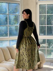 Flirla Vestido Plus Size de Veludo Cotelê Pinafore, Floral Verde Oliva - Multicolorido - Ver 7